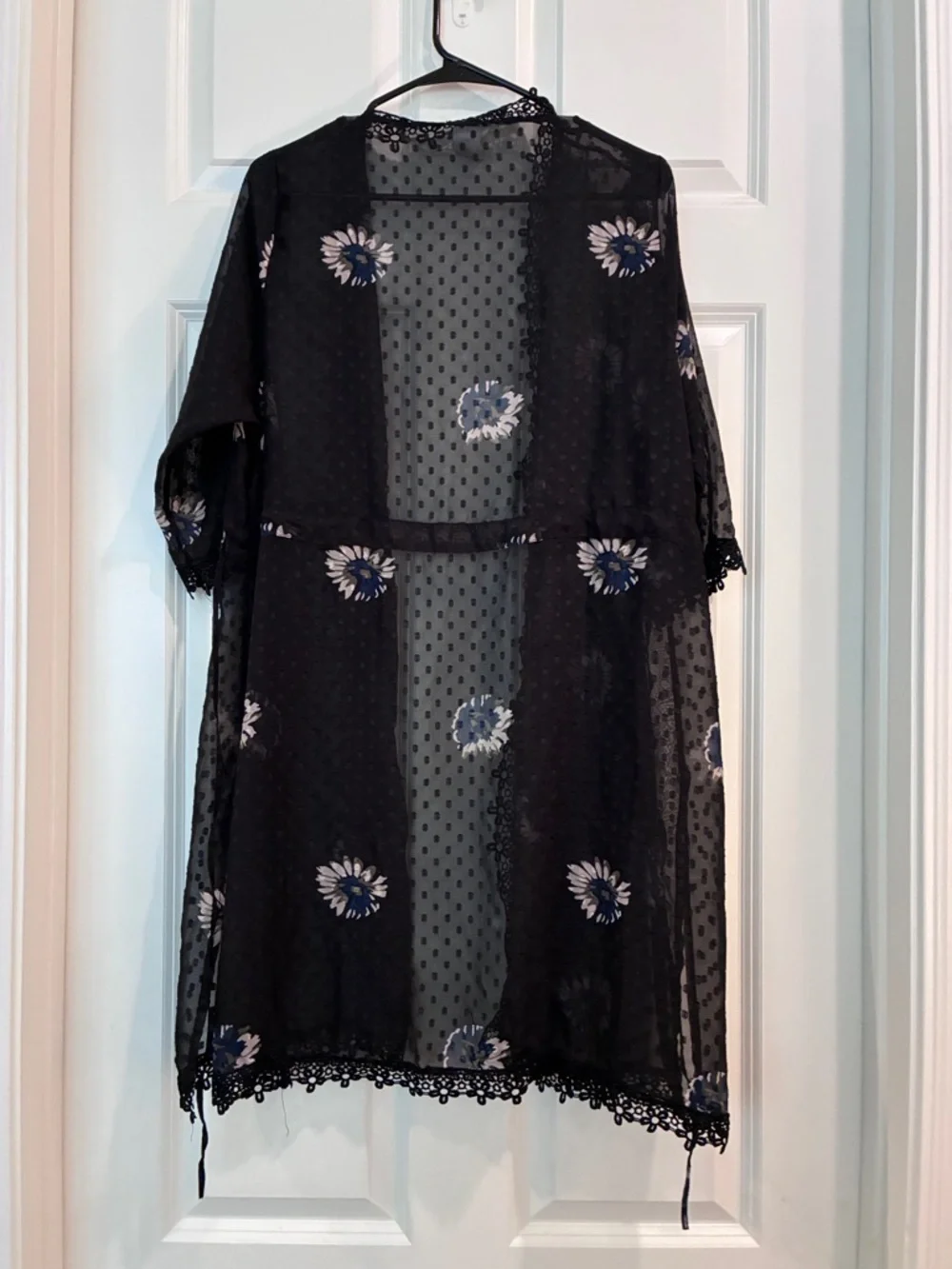 Source Unknown Black Sheer Floral Duster with Blue & White Flowers
